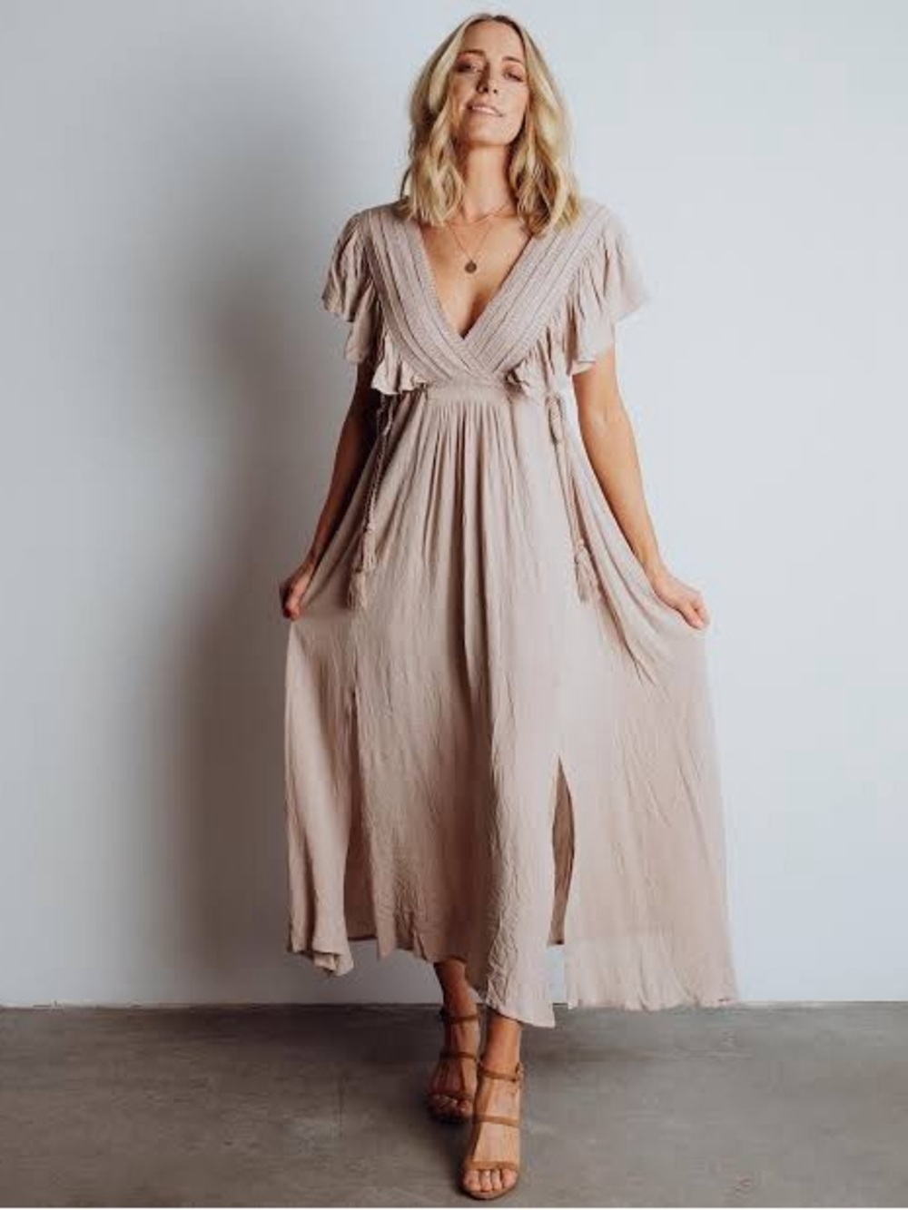 Baltic Born Blush Beige V-Neck Maxi Dress